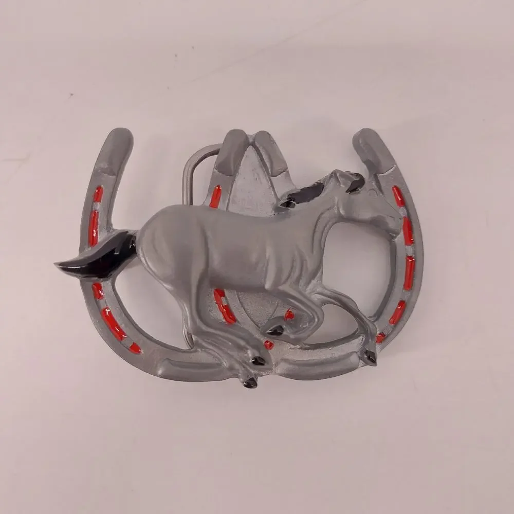 Horse Shoe Good Lucky Belt Buckle Red Enamel 1992 Red Enamel